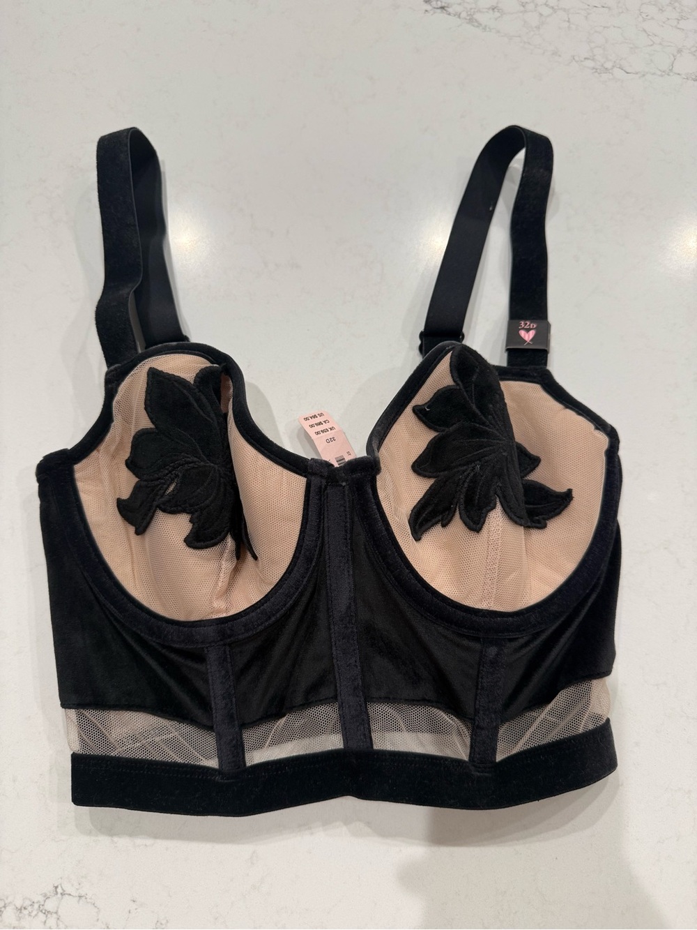 Victoria's Secret Black and Nude Longline Bra with Floral Appliqué